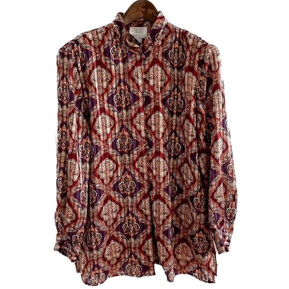 Vintage crinkle pleated collarless metallic medallion print blouse size LP - Picture 8 of 8